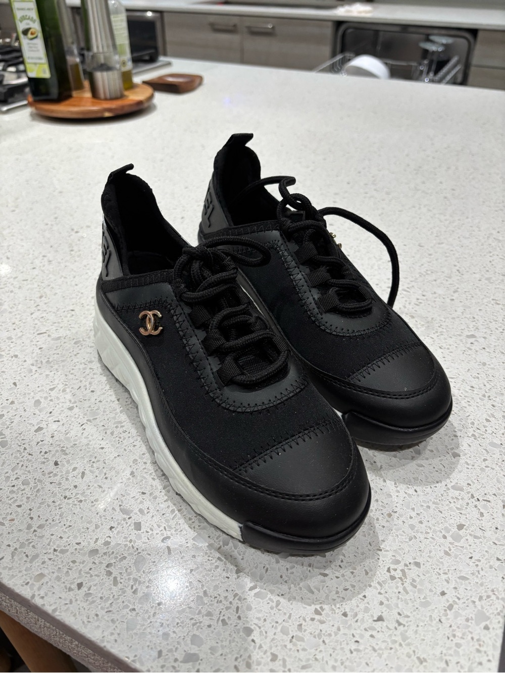 Designer Women's Black Lace-Up Platform Sneakers with White Sole and Gold logo